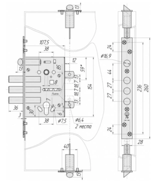 Крит ЗВ-7РМП-006-Хп противопожар.торц. защелки, б/о, м/о 85мм, арт.00049 Замок врезной тяж.(10)